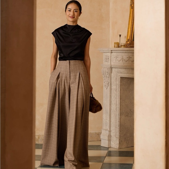 High Waist Plaid Wide Leg Pants Size M Brown Beige Vintage style